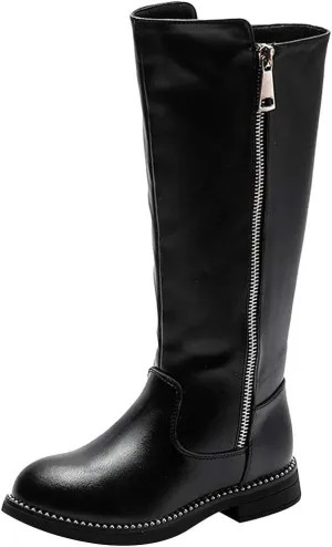 rismart Girls' Tall Riding Boots Flat Heel Side Zipper Winter Fur Lined Knee High Shoes