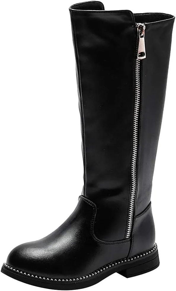 rismart Girls' Tall Riding Boots Flat Heel Side Zipper Winter Fur Lined Knee High Shoes