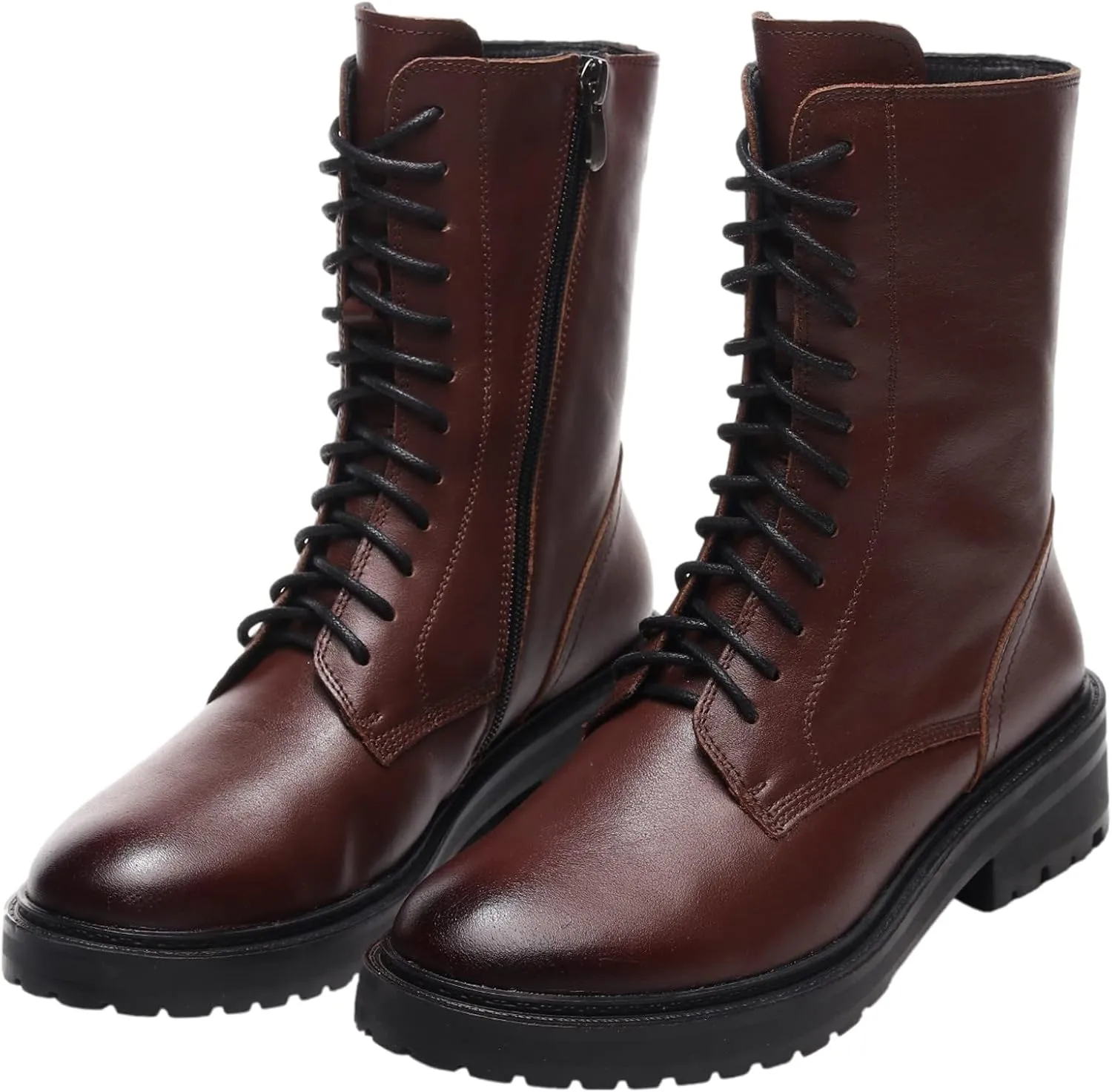 rismart Women's Mid Calf Military Boots Leather Lace Up Motorcycle Combat Shoes
