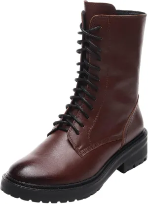 rismart Women's Mid Calf Military Boots Leather Lace Up Motorcycle Combat Shoes