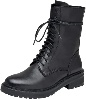 rismart Women's Mid Calf Military Boots Leather Lace Up Motorcycle Combat Shoes