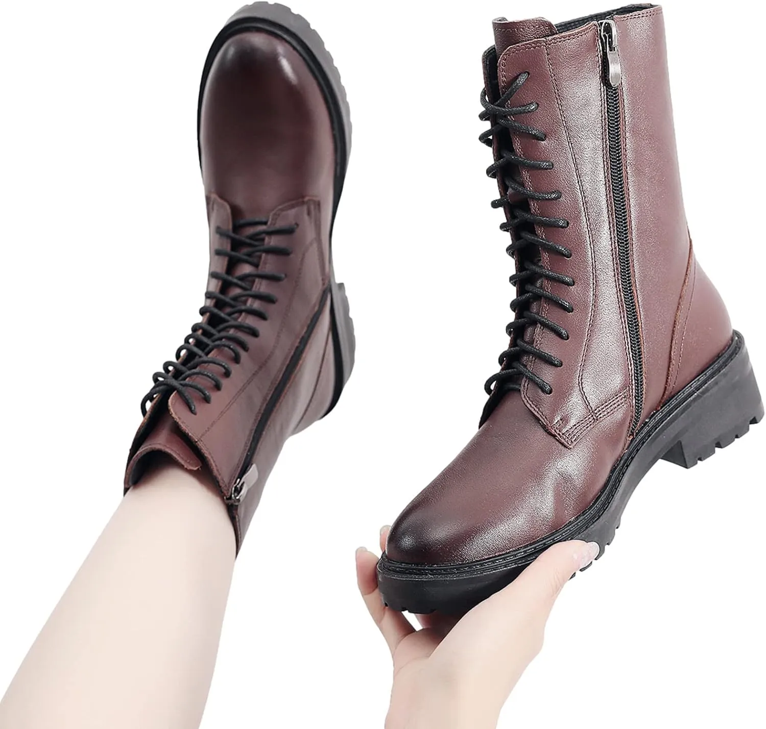 rismart Women's Mid Calf Military Boots Leather Lace Up Motorcycle Combat Shoes