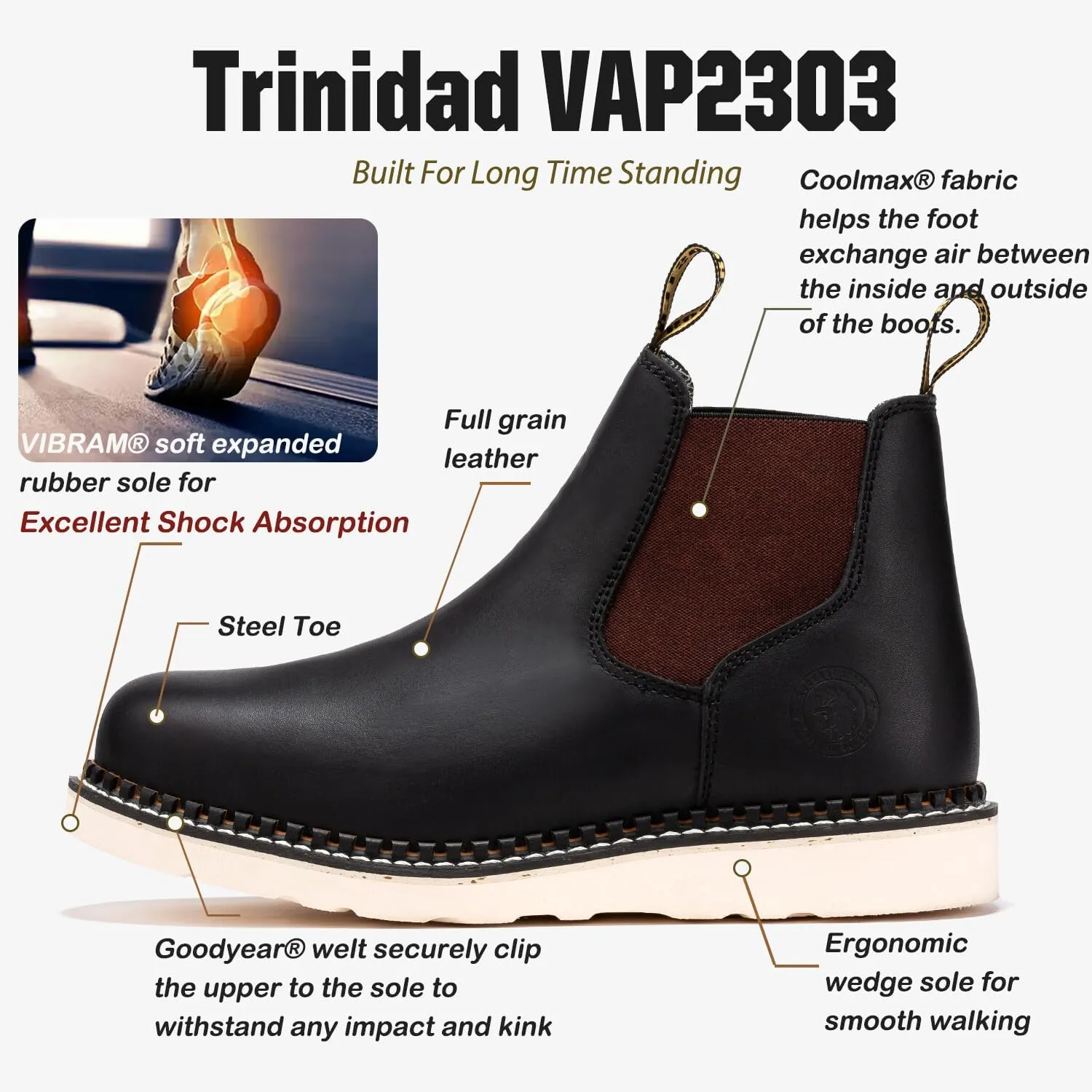 ROCKROOSTER Trinidad Steel Toe Chelsea Boots Men, 6" Slip on Wedge Work Boots, Vibram Expanded Rubber Sole, 100% Leather, Breathable, ASTM F2413-18 M/I/C, VAP2303 VAP2304