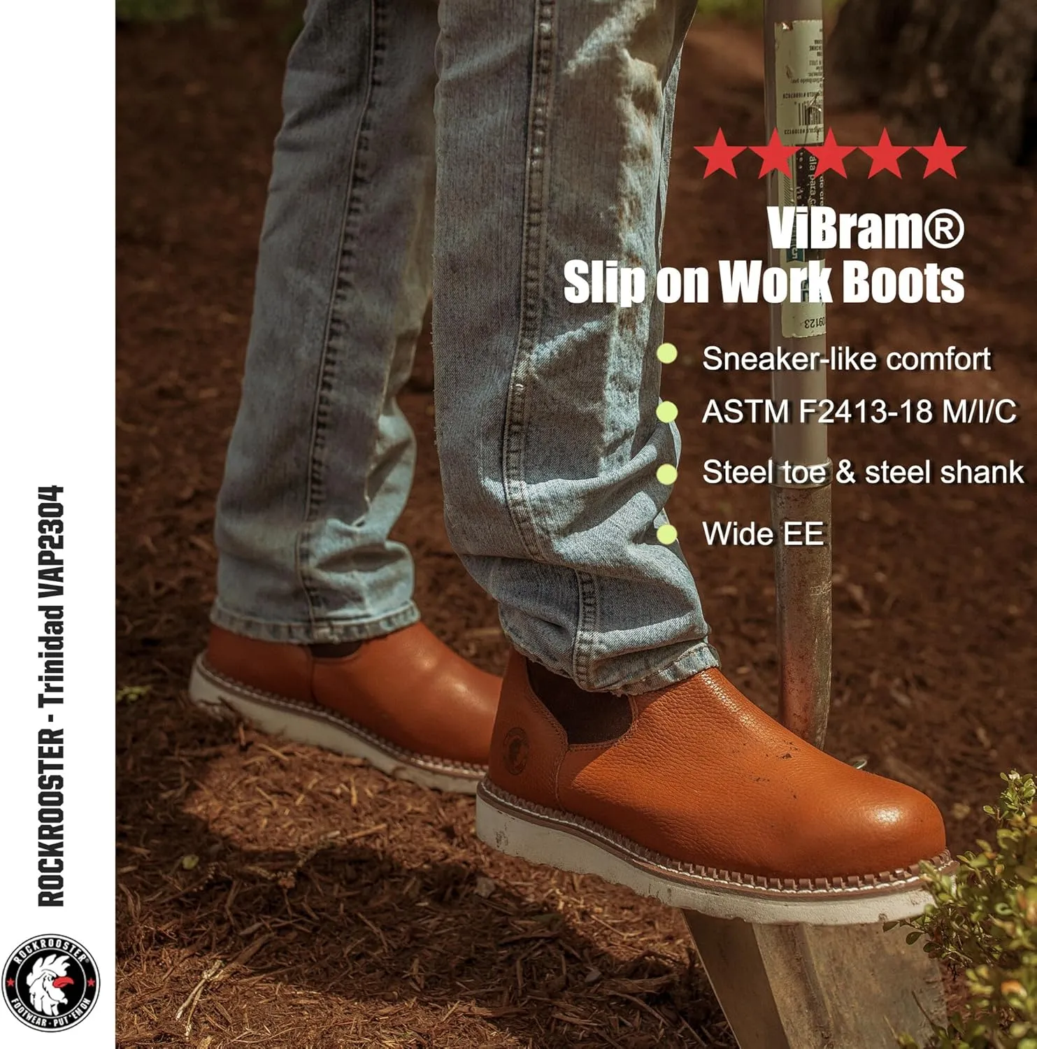 ROCKROOSTER Trinidad Steel Toe Chelsea Boots Men, 6" Slip on Wedge Work Boots, Vibram Expanded Rubber Sole, 100% Leather, Breathable, ASTM F2413-18 M/I/C, VAP2303 VAP2304