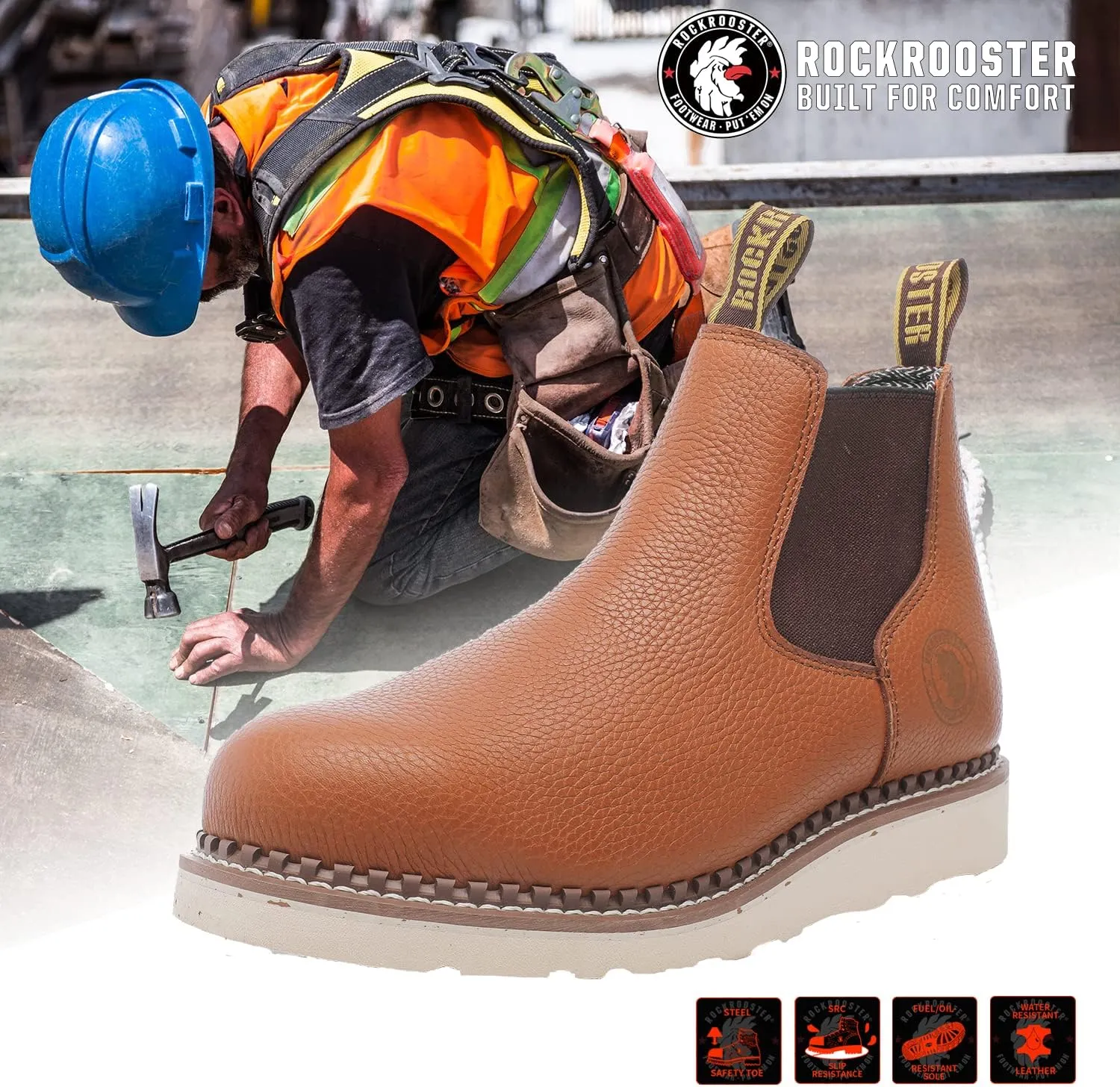 ROCKROOSTER Trinidad Steel Toe Chelsea Boots Men, 6" Slip on Wedge Work Boots, Vibram Expanded Rubber Sole, 100% Leather, Breathable, ASTM F2413-18 M/I/C, VAP2303 VAP2304