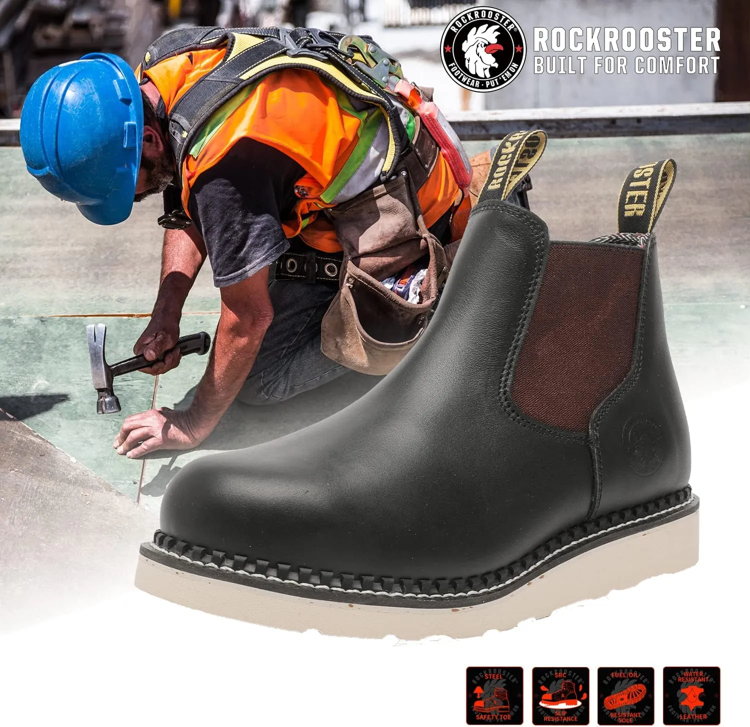 ROCKROOSTER Trinidad Steel Toe Chelsea Boots Men, 6" Slip on Wedge Work Boots, Vibram Expanded Rubber Sole, 100% Leather, Breathable, ASTM F2413-18 M/I/C, VAP2303 VAP2304