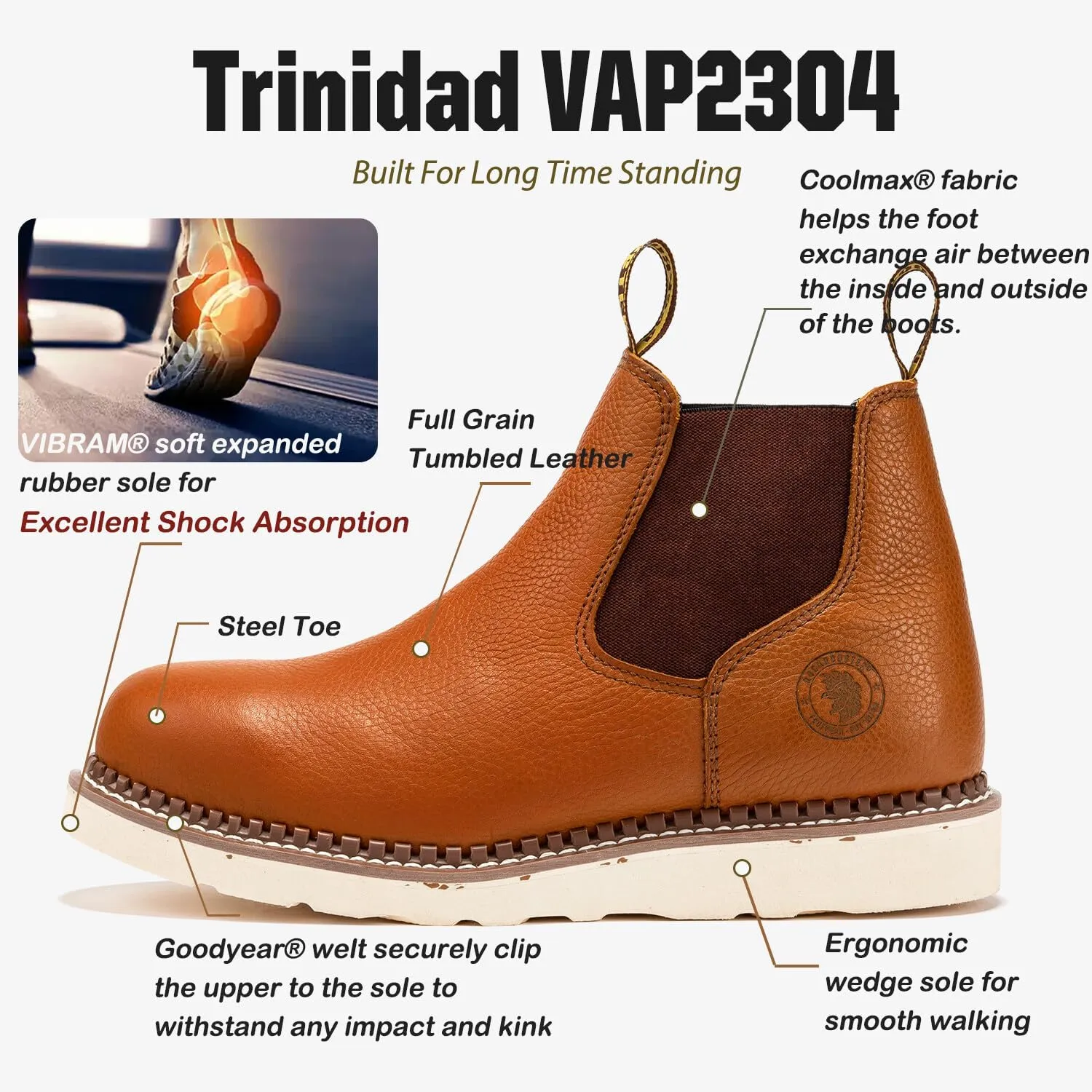 ROCKROOSTER Trinidad Steel Toe Chelsea Boots Men, 6" Slip on Wedge Work Boots, Vibram Expanded Rubber Sole, 100% Leather, Breathable, ASTM F2413-18 M/I/C, VAP2303 VAP2304