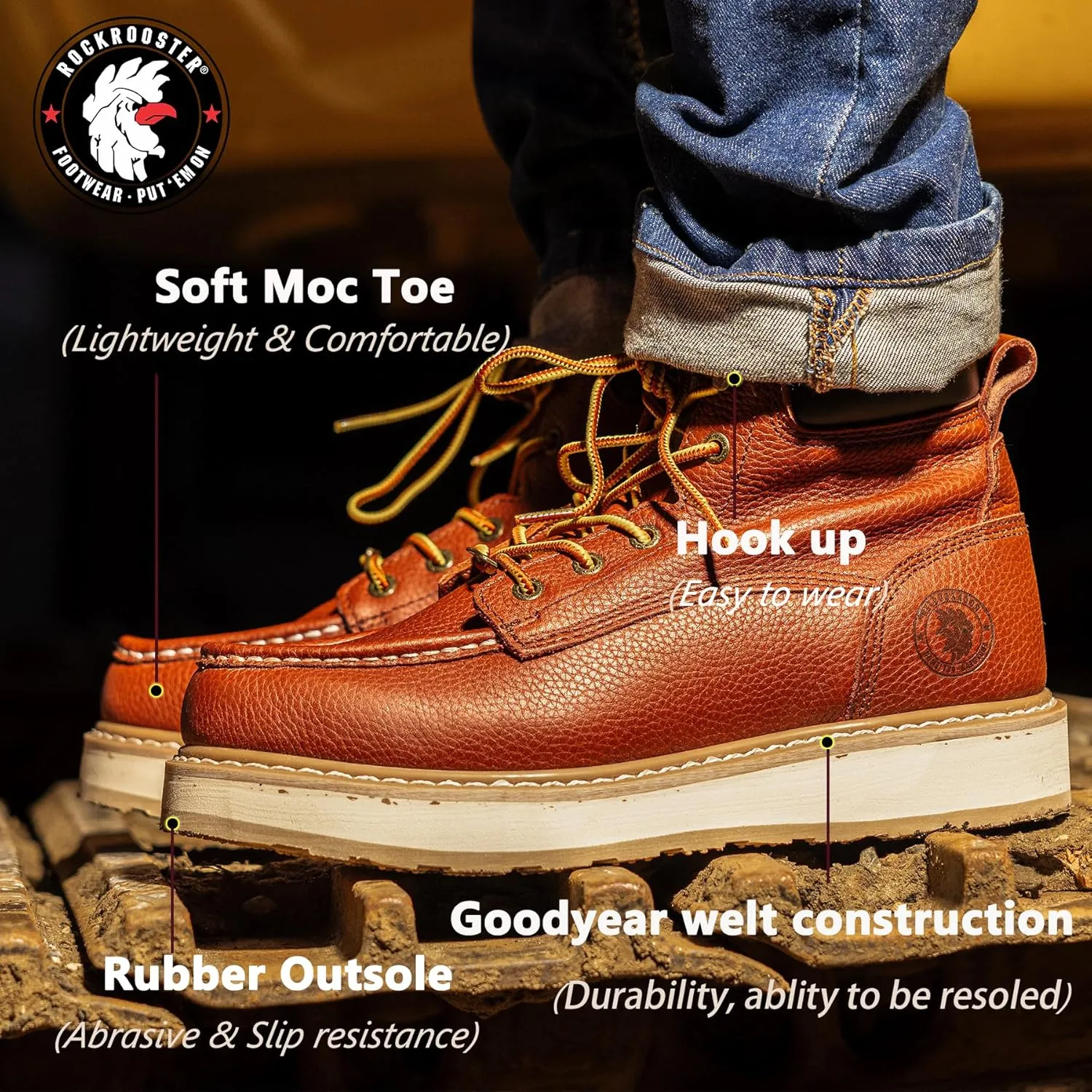 ROCKROOSTER Walker Work Boots for Men, 6" Soft Toe Comfortable Boot, Wedge Sole, Arch Support Anti-Fatigue Boots, Leather Insulated Safety Boot, Electric Hazard AP360