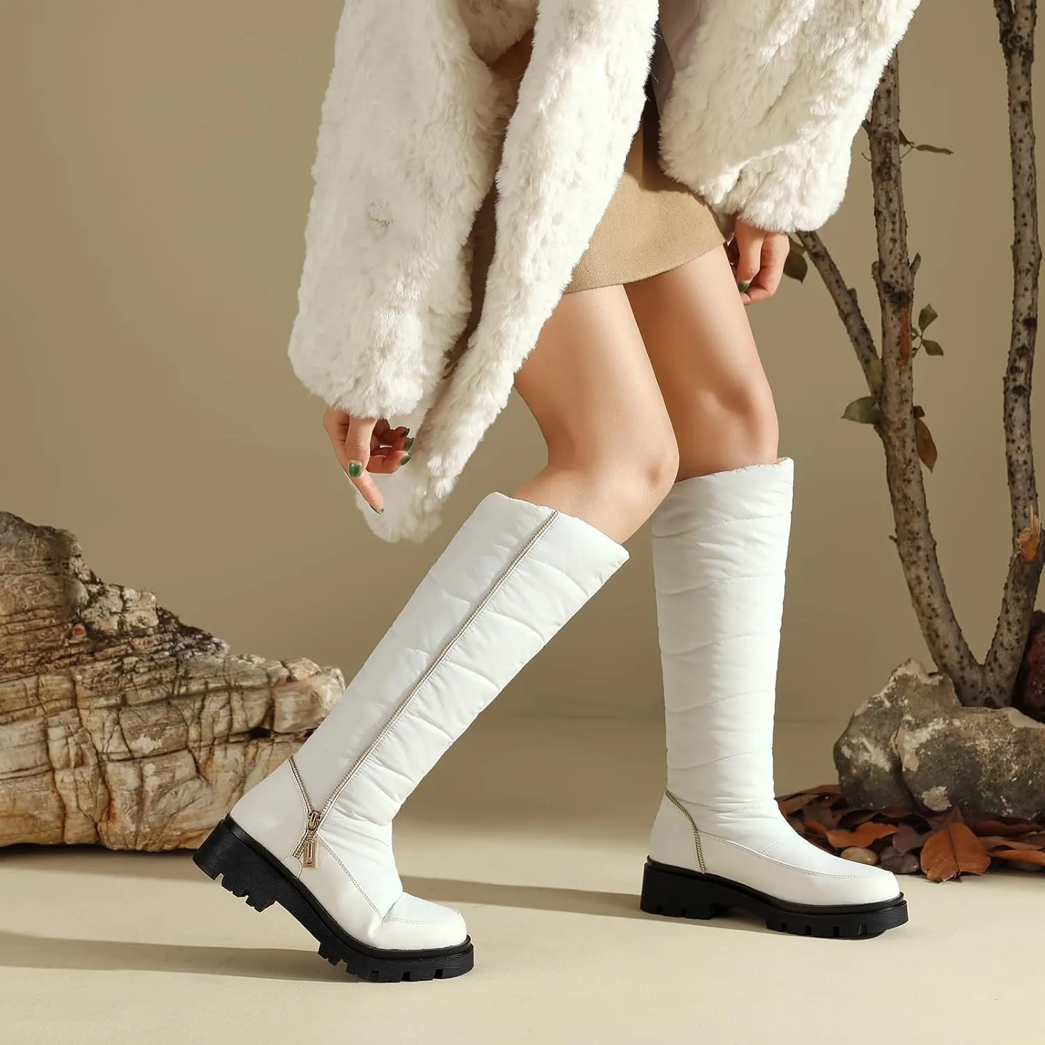 Roimaash Women's Snow Boots Knee High Mid Heel Warm Winter Boots