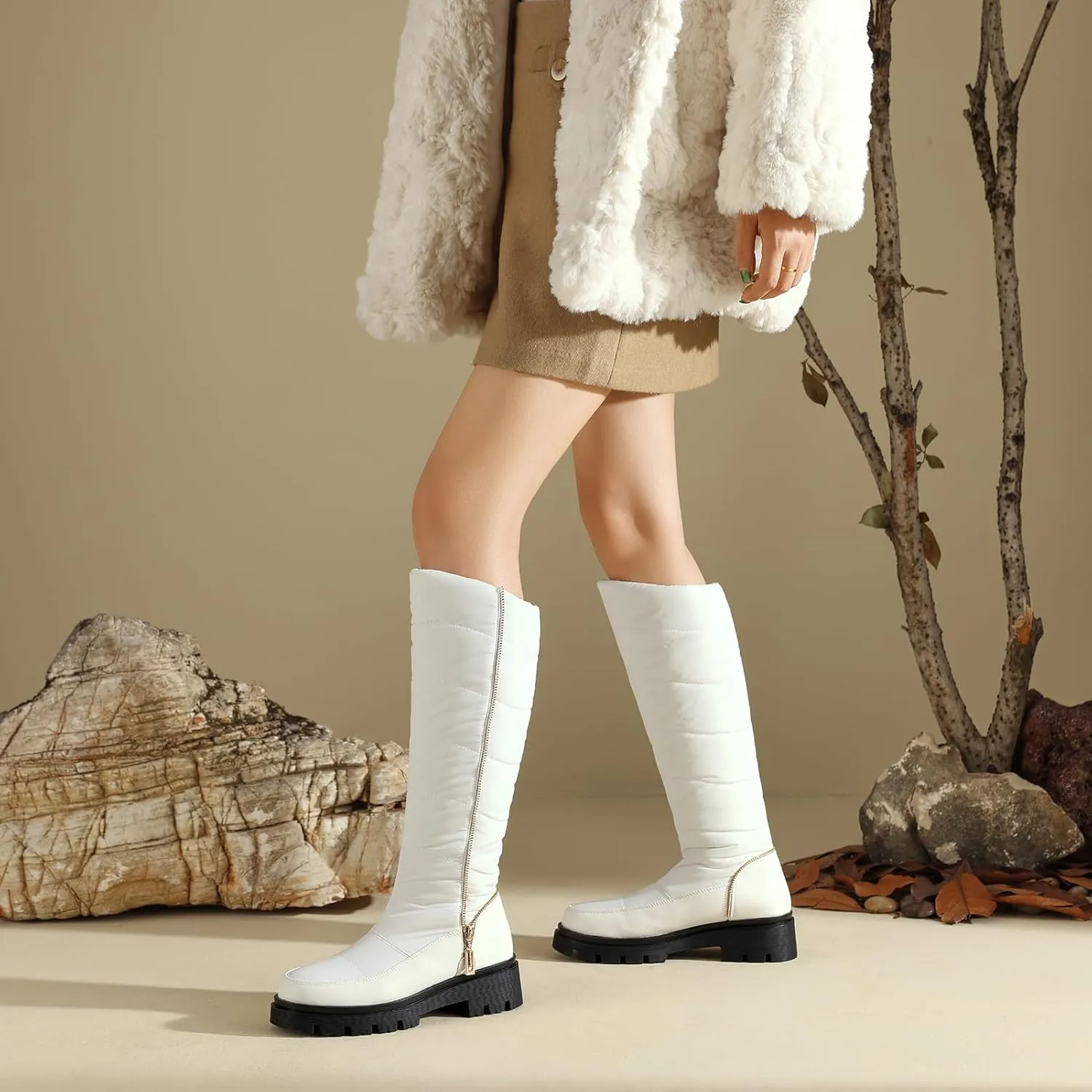 Roimaash Women's Snow Boots Knee High Mid Heel Warm Winter Boots