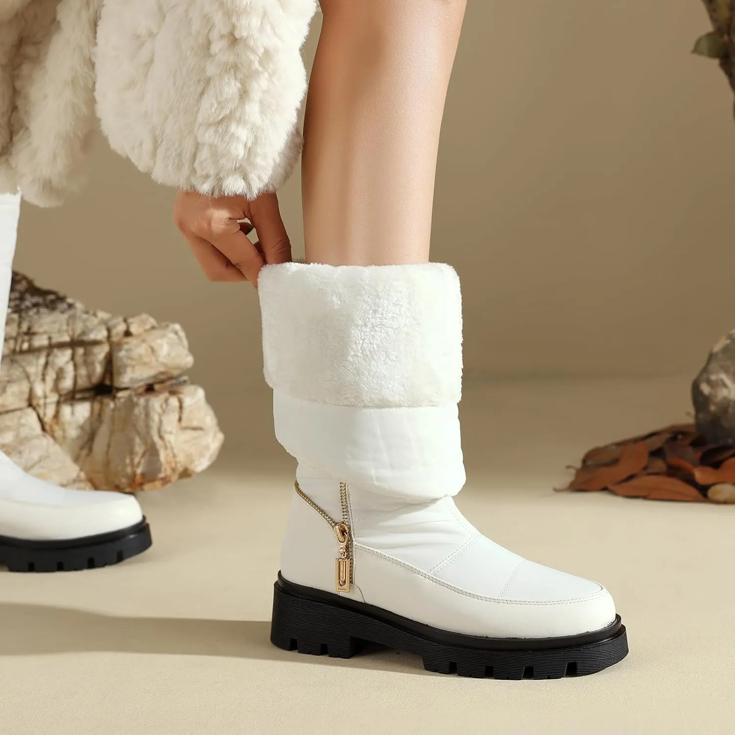 Roimaash Women's Snow Boots Knee High Mid Heel Warm Winter Boots
