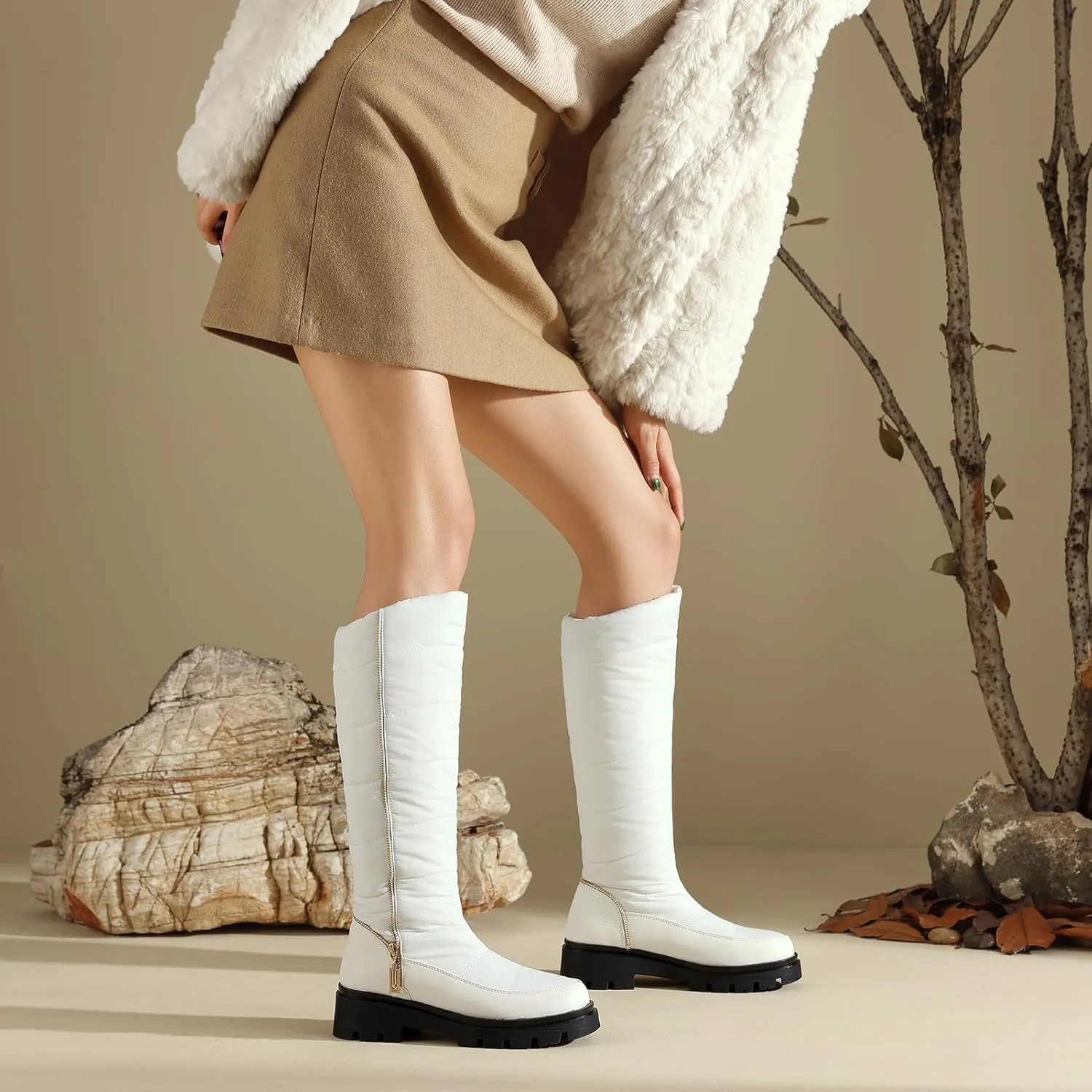 Roimaash Women's Snow Boots Knee High Mid Heel Warm Winter Boots