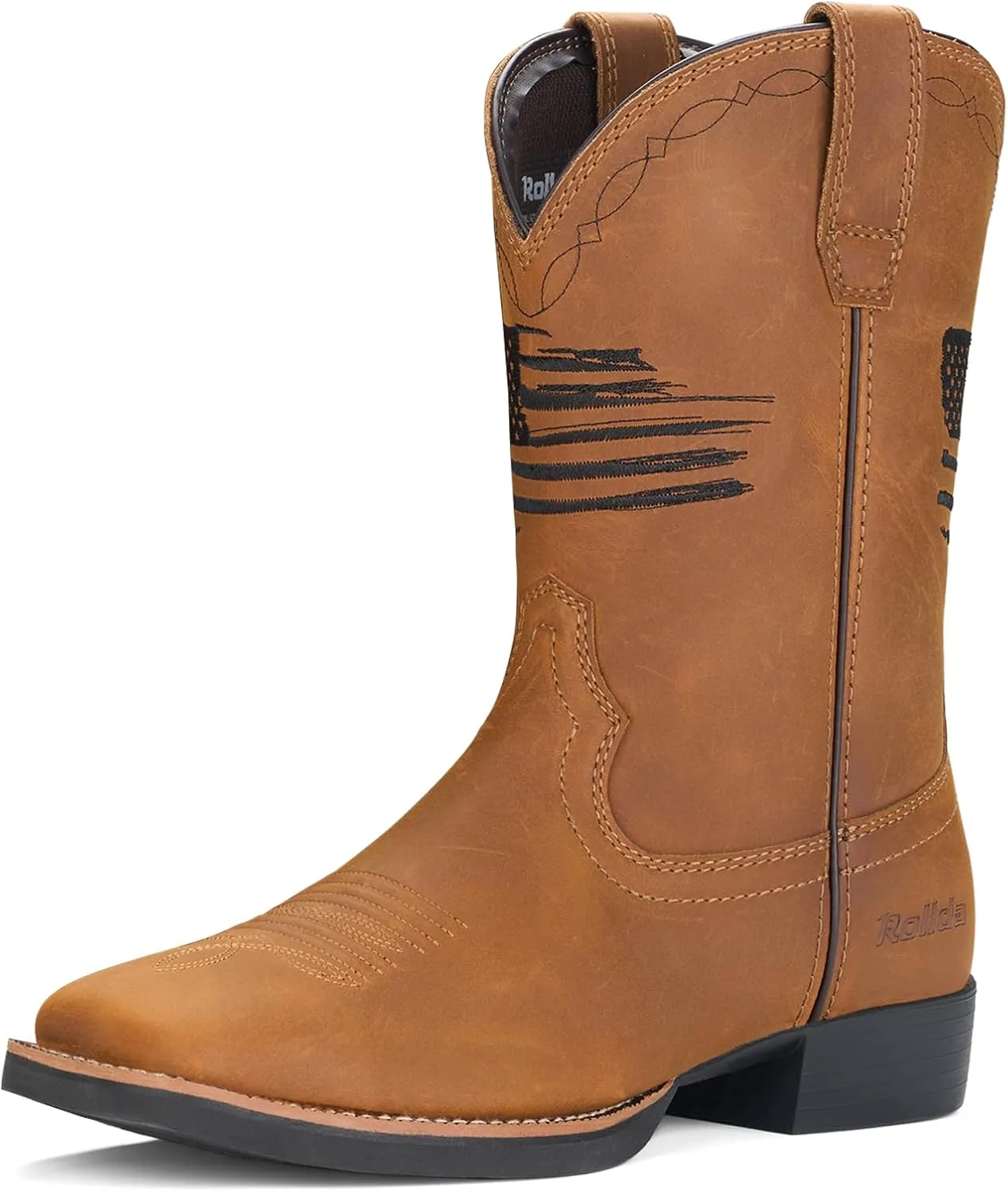 Rollda Leather Cowboy Boots for Men Western Boots Square Toe Chunky Heel Mid-Calf Boots Classic Embroidered with Pull On Tabs