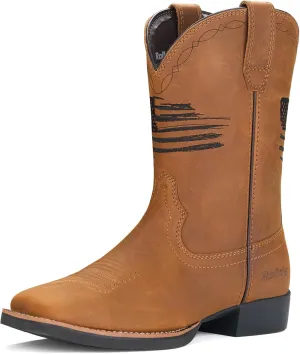 Rollda Leather Cowboy Boots for Men Western Boots Square Toe Chunky Heel Mid-Calf Boots Classic Embroidered with Pull On Tabs