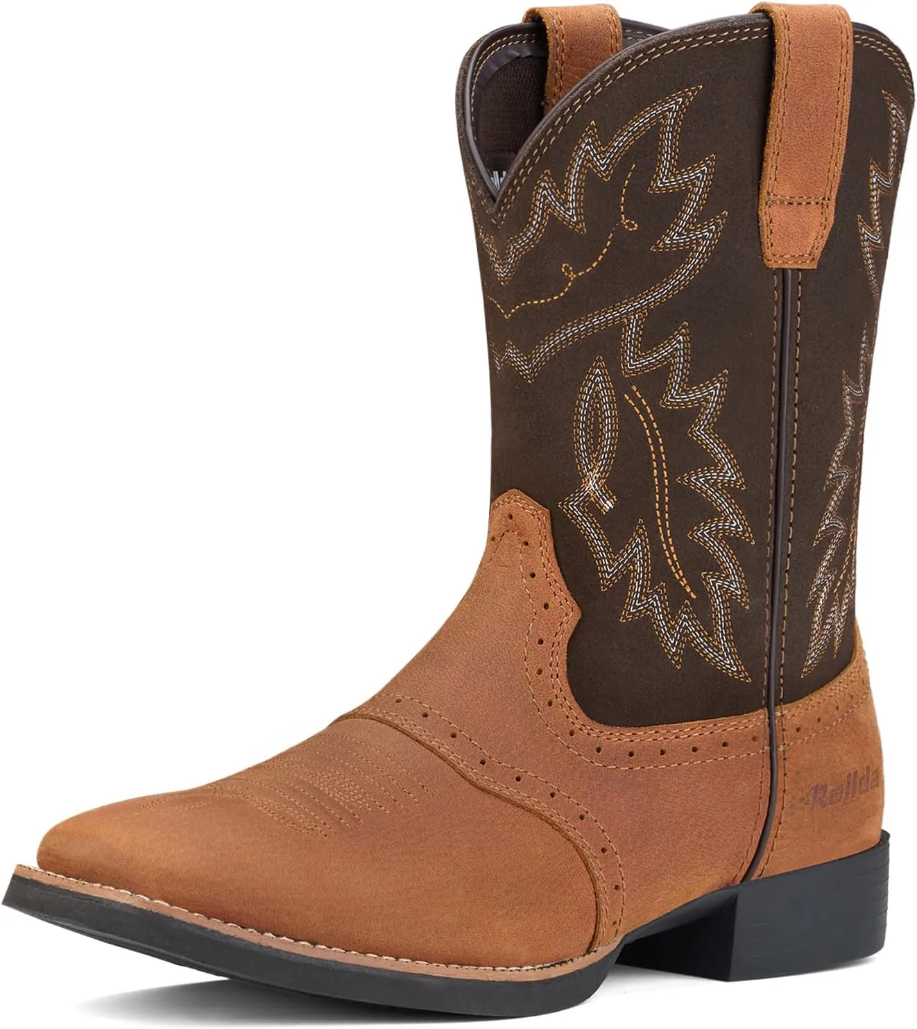 Rollda Leather Cowboy Boots for Men Western Boots Square Toe Chunky Heel Mid-Calf Boots Classic Embroidered with Pull On Tabs