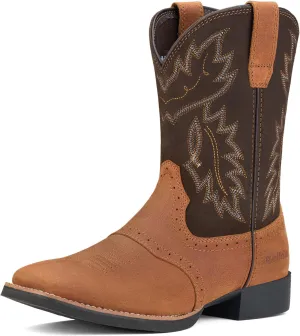 Rollda Leather Cowboy Boots for Men Western Boots Square Toe Chunky Heel Mid-Calf Boots Classic Embroidered with Pull On Tabs