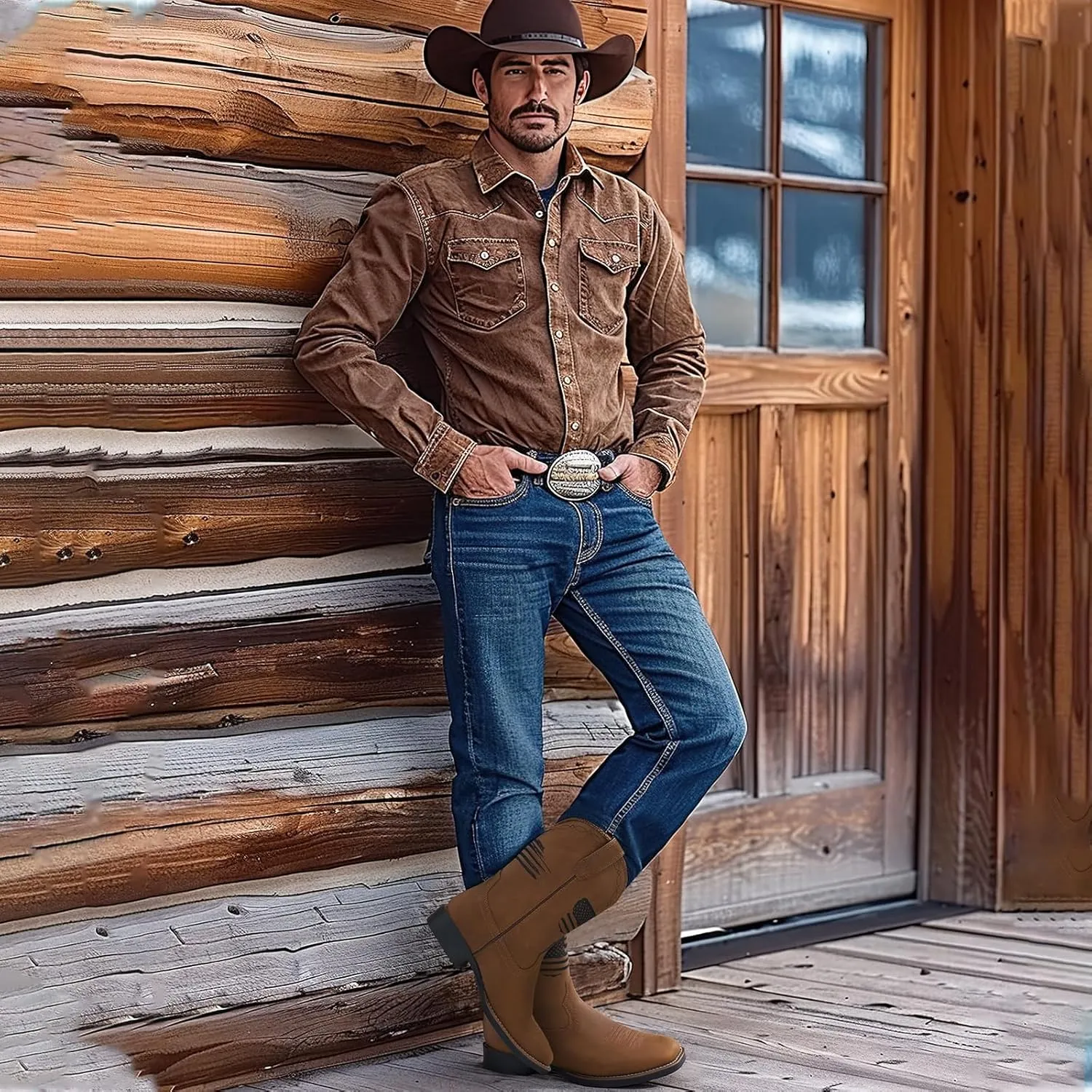 Rollda Leather Cowboy Boots for Men Western Boots Square Toe Chunky Heel Mid-Calf Boots Classic Embroidered with Pull On Tabs