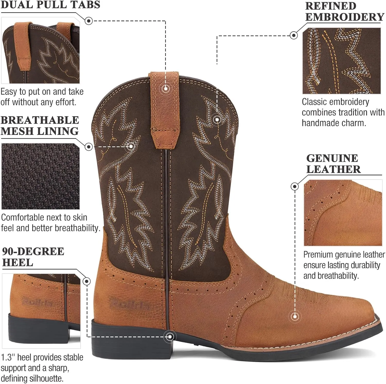 Rollda Leather Cowboy Boots for Men Western Boots Square Toe Chunky Heel Mid-Calf Boots Classic Embroidered with Pull On Tabs