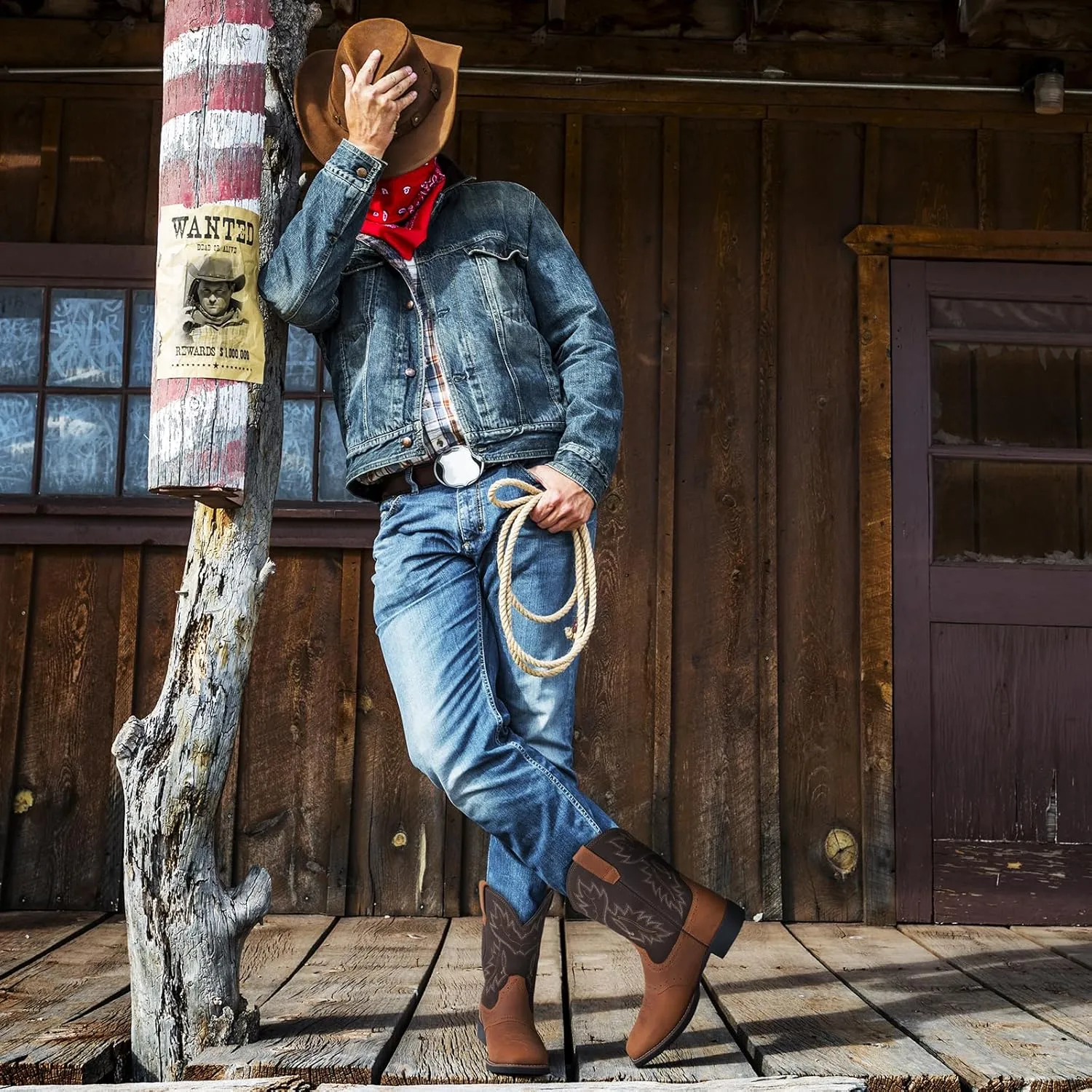 Rollda Leather Cowboy Boots for Men Western Boots Square Toe Chunky Heel Mid-Calf Boots Classic Embroidered with Pull On Tabs