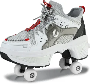 Roller Skate Shoes for Women Four Rounds Children's Roller Skates Shoes That Turn into Rollerskates Sneakers Outdoor Light Shoes with Wheels for Girls/Boys