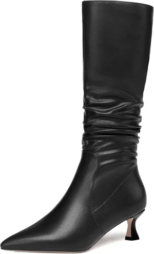 ROSERWISH Womens Party Matte Stylish Casual Zip Pointed Toe Kitten Low Heel Knee High Boots 2 Inch