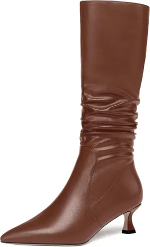 ROSERWISH Womens Party Matte Stylish Casual Zip Pointed Toe Kitten Low Heel Knee High Boots 2 Inch