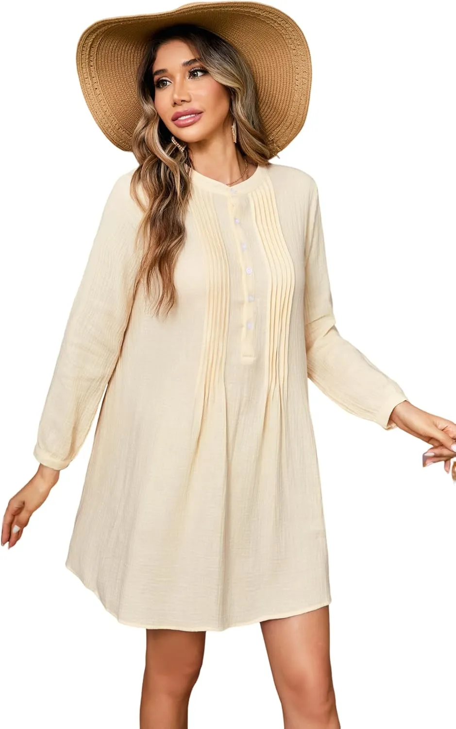 R.Vivimos Women's Tunic Dress Fall Cotton Button Down Long Sleeves Casual Mini Shirt Dress