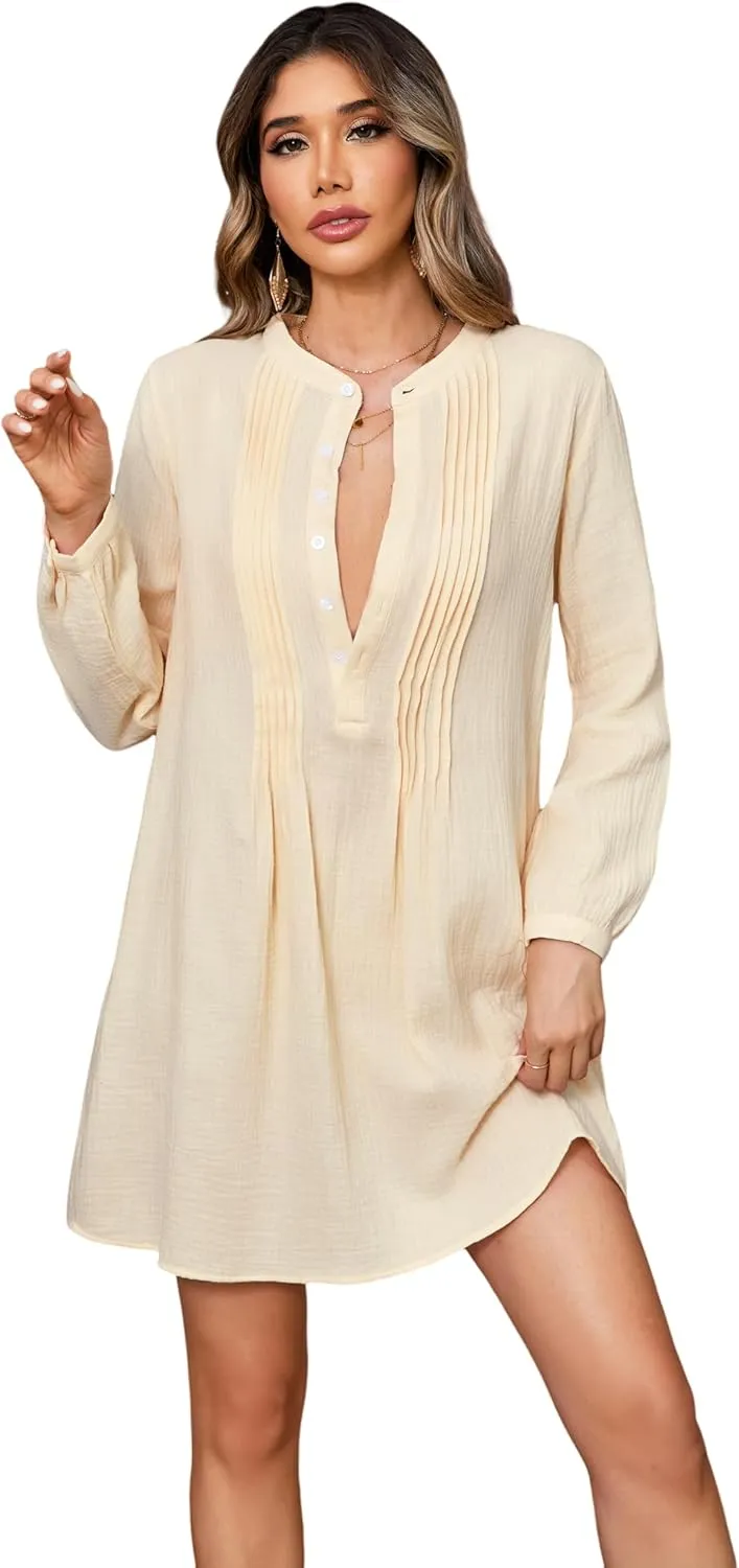 R.Vivimos Women's Tunic Dress Fall Cotton Button Down Long Sleeves Casual Mini Shirt Dress