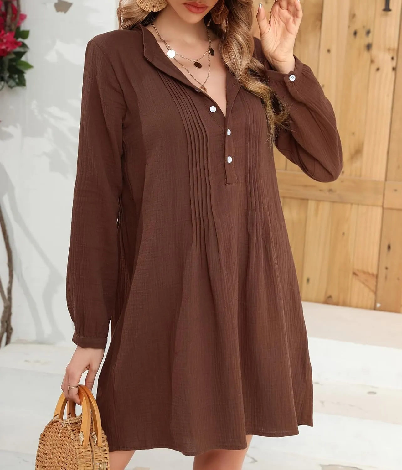 R.Vivimos Women's Tunic Dress Fall Cotton Button Down Long Sleeves Casual Mini Shirt Dress