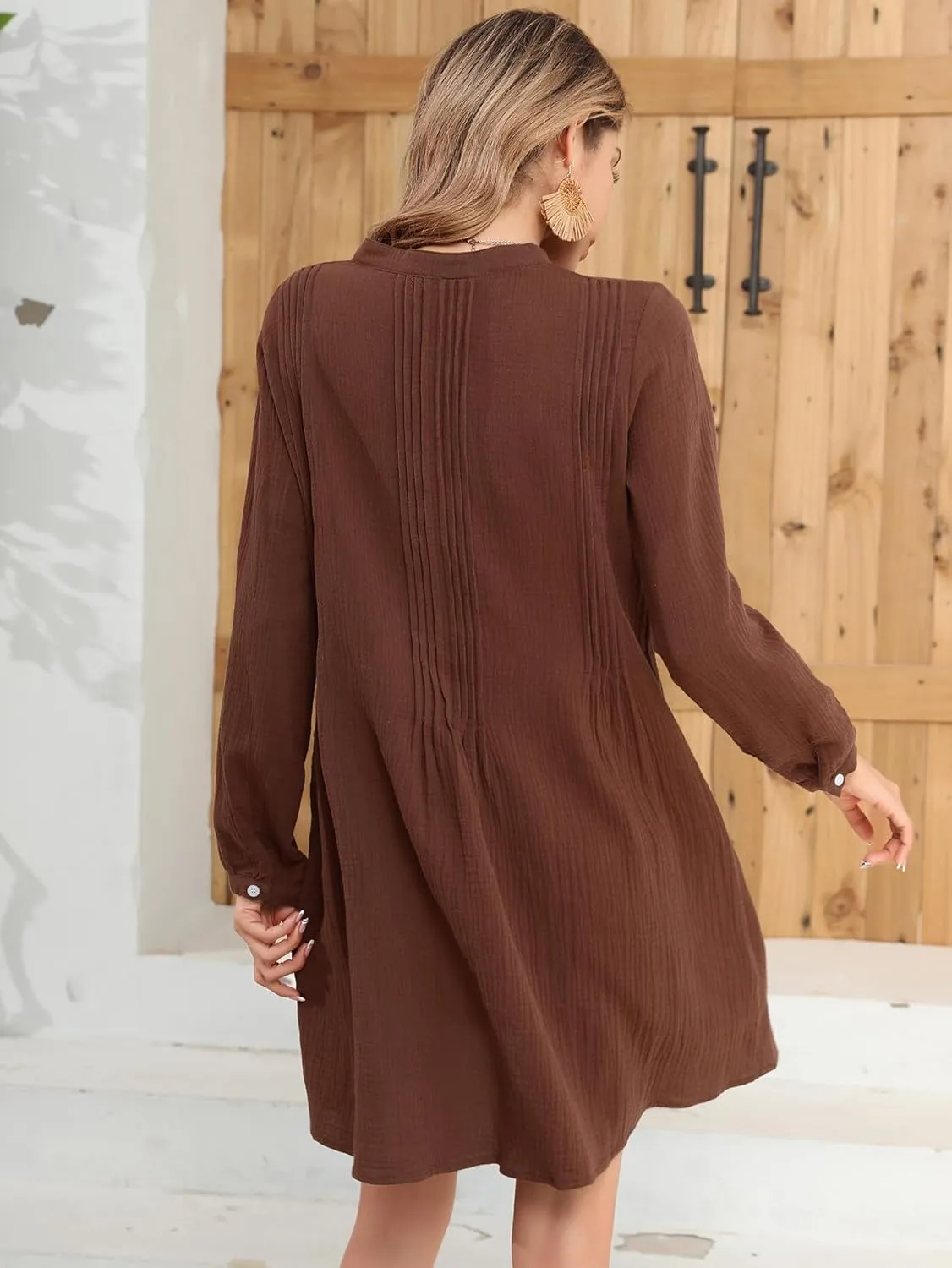 R.Vivimos Women's Tunic Dress Fall Cotton Button Down Long Sleeves Casual Mini Shirt Dress