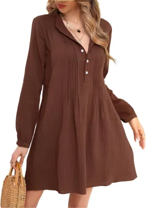 R.Vivimos Women's Tunic Dress Fall Cotton Button Down Long Sleeves Casual Mini Shirt Dress
