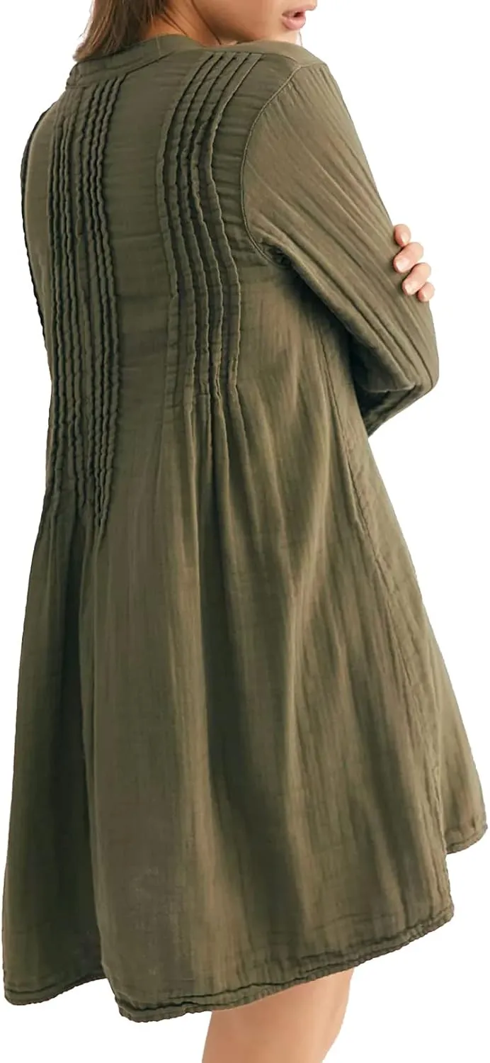 R.Vivimos Women's Tunic Dress Fall Cotton Button Down Long Sleeves Casual Mini Shirt Dress