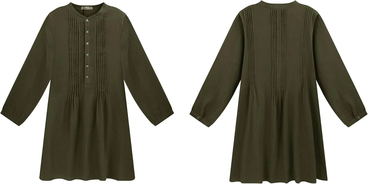 R.Vivimos Women's Tunic Dress Fall Cotton Button Down Long Sleeves Casual Mini Shirt Dress
