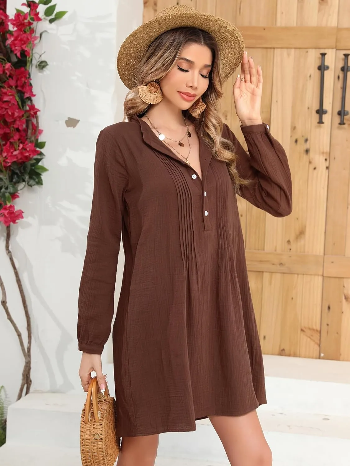 R.Vivimos Women's Tunic Dress Fall Cotton Button Down Long Sleeves Casual Mini Shirt Dress