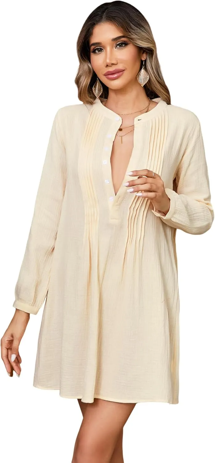 R.Vivimos Women's Tunic Dress Fall Cotton Button Down Long Sleeves Casual Mini Shirt Dress