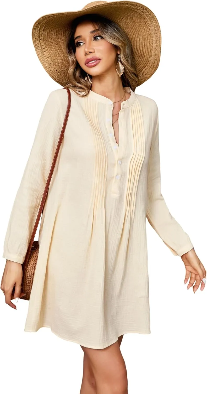R.Vivimos Women's Tunic Dress Fall Cotton Button Down Long Sleeves Casual Mini Shirt Dress