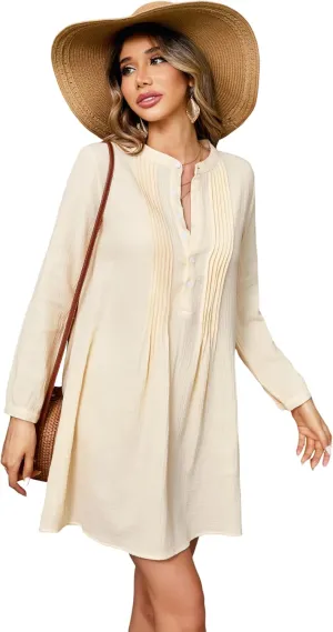R.Vivimos Women's Tunic Dress Fall Cotton Button Down Long Sleeves Casual Mini Shirt Dress