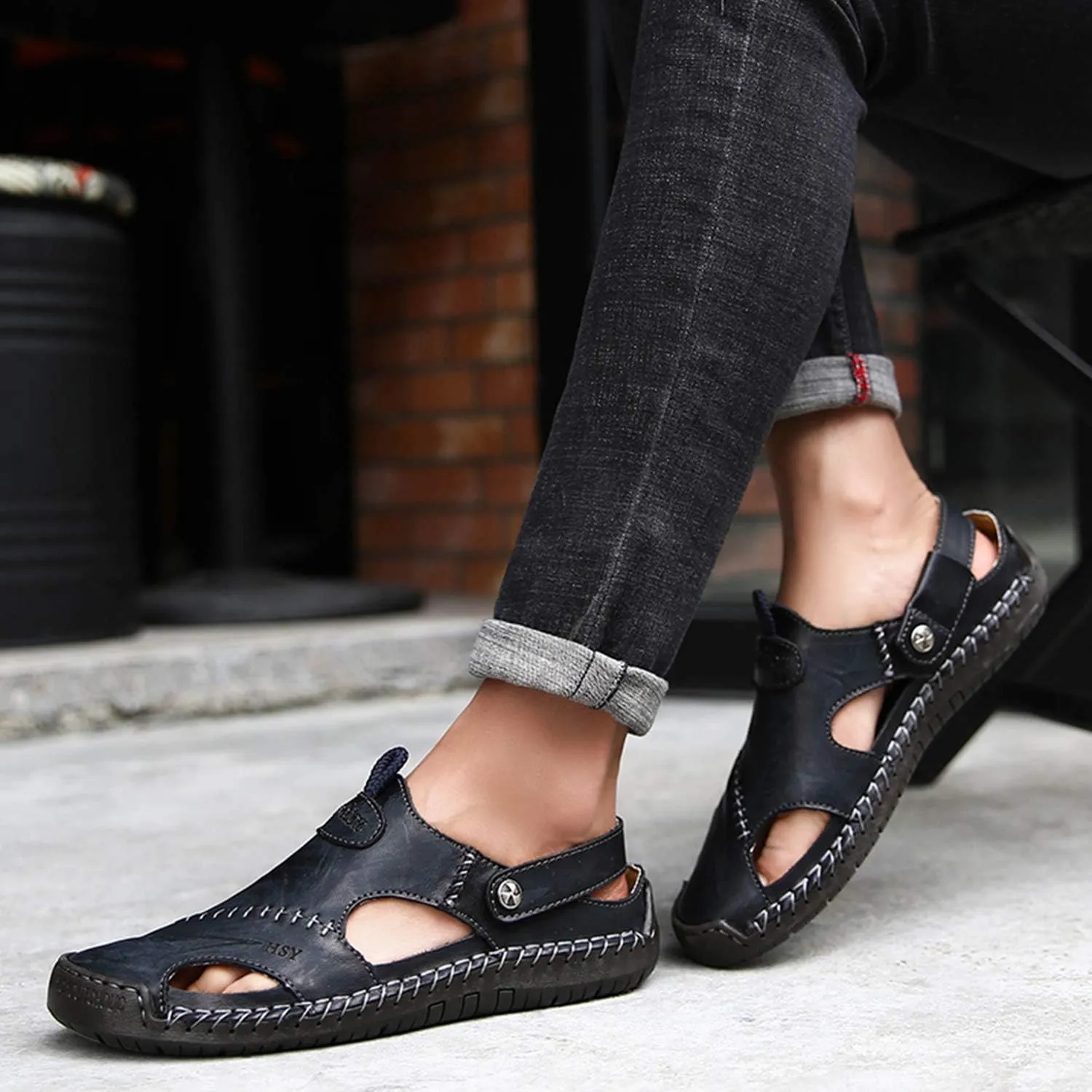 Sandals for Men Closed Toe Leather Sandals Athletic Strap Adjustable Loafers Outdoor Beach Shoes Black 38