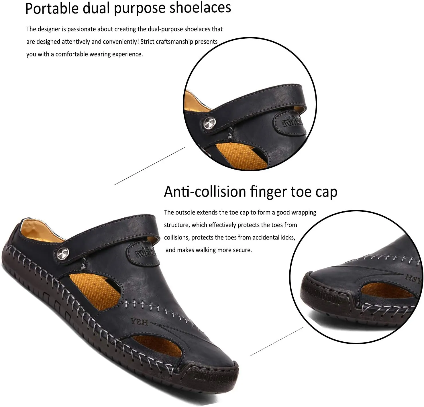 Sandals for Men Closed Toe Leather Sandals Athletic Strap Adjustable Loafers Outdoor Beach Shoes Black 38