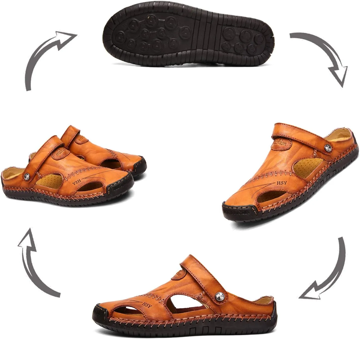 Sandals for Men Closed Toe Leather Sandals Athletic Strap Adjustable Loafers Outdoor Beach Shoes Black 38