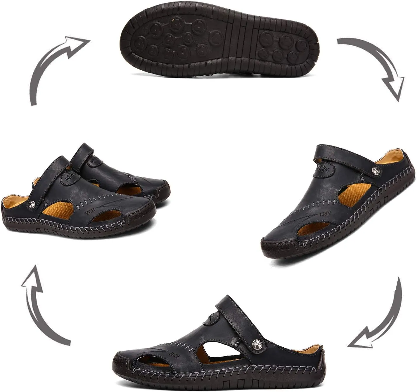 Sandals for Men Closed Toe Leather Sandals Athletic Strap Adjustable Loafers Outdoor Beach Shoes Black 38