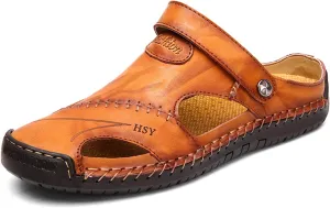 Sandals for Men Closed Toe Leather Sandals Athletic Strap Adjustable Loafers Outdoor Beach Shoes Black 38