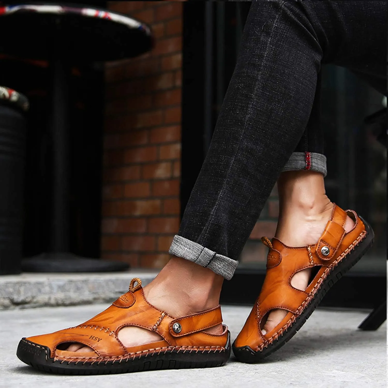 Sandals for Men Closed Toe Leather Sandals Athletic Strap Adjustable Loafers Outdoor Beach Shoes Black 38