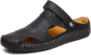 Sandals for Men Closed Toe Leather Sandals Athletic Strap Adjustable Loafers Outdoor Beach Shoes Black 38
