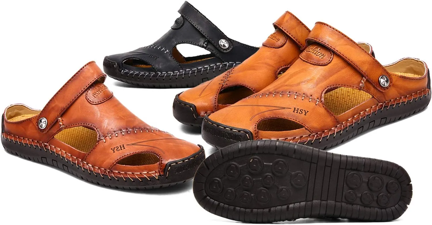 Sandals for Men Closed Toe Leather Sandals Athletic Strap Adjustable Loafers Outdoor Beach Shoes Black 38