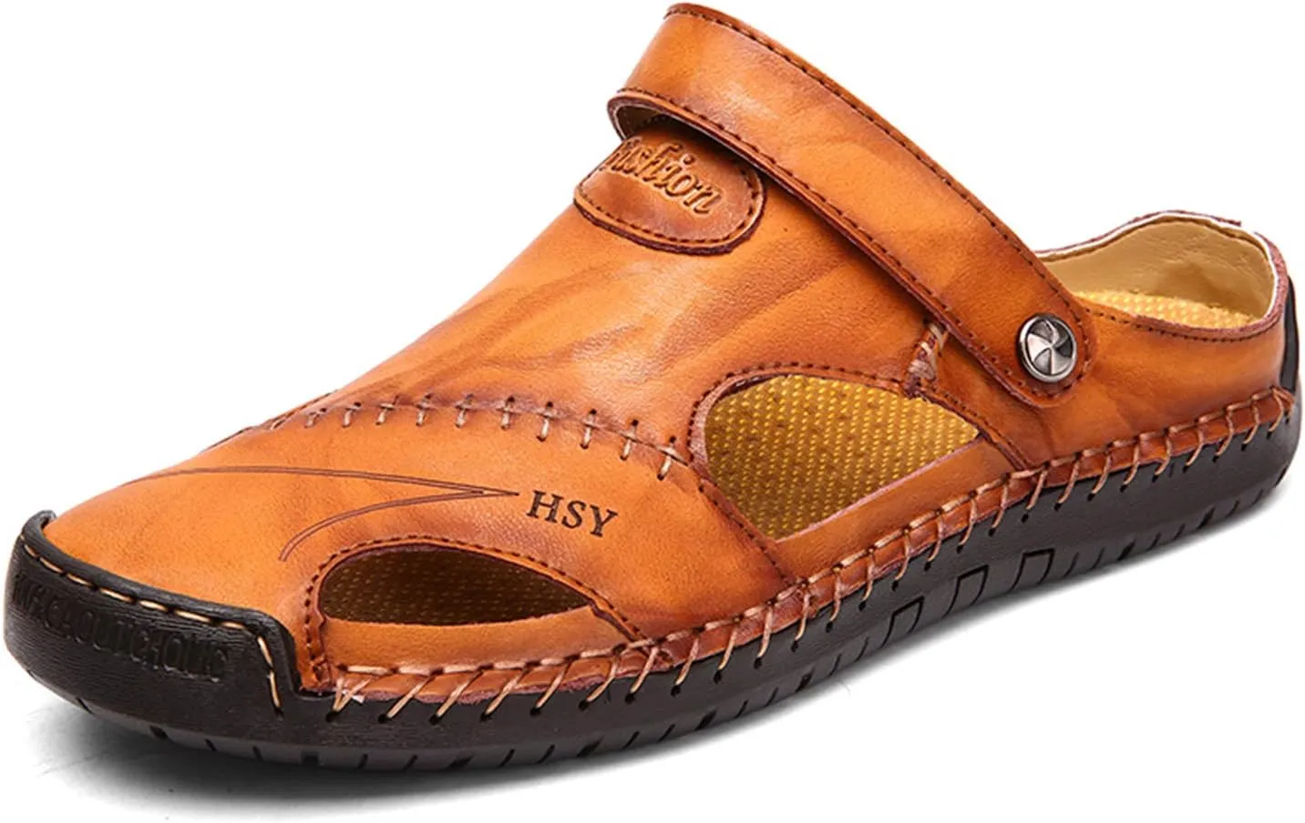 Sandals for Men Closed Toe Leather Sandals Athletic Strap Adjustable Loafers Outdoor Beach Shoes Black 38