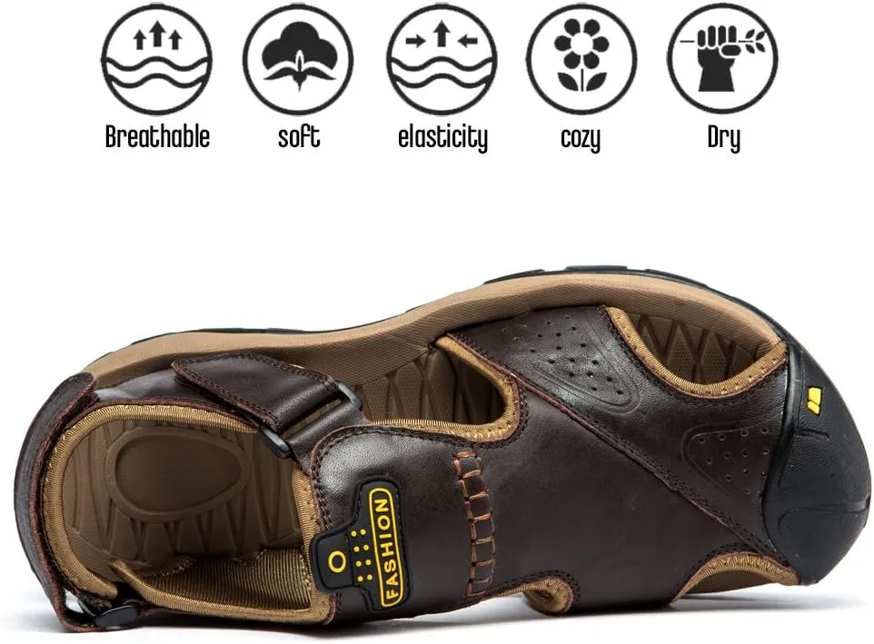 Sandals for Men Leather Hiking Sandals Athletic Walking Sports Fisherman Beach Shoes Closed Toe Water Sandals