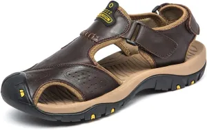 Sandals for Men Leather Hiking Sandals Athletic Walking Sports Fisherman Beach Shoes Closed Toe Water Sandals