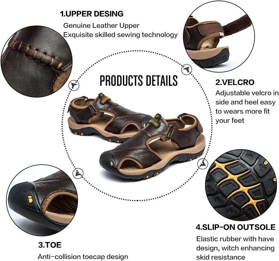Sandals for Men Leather Hiking Sandals Athletic Walking Sports Fisherman Beach Shoes Closed Toe Water Sandals