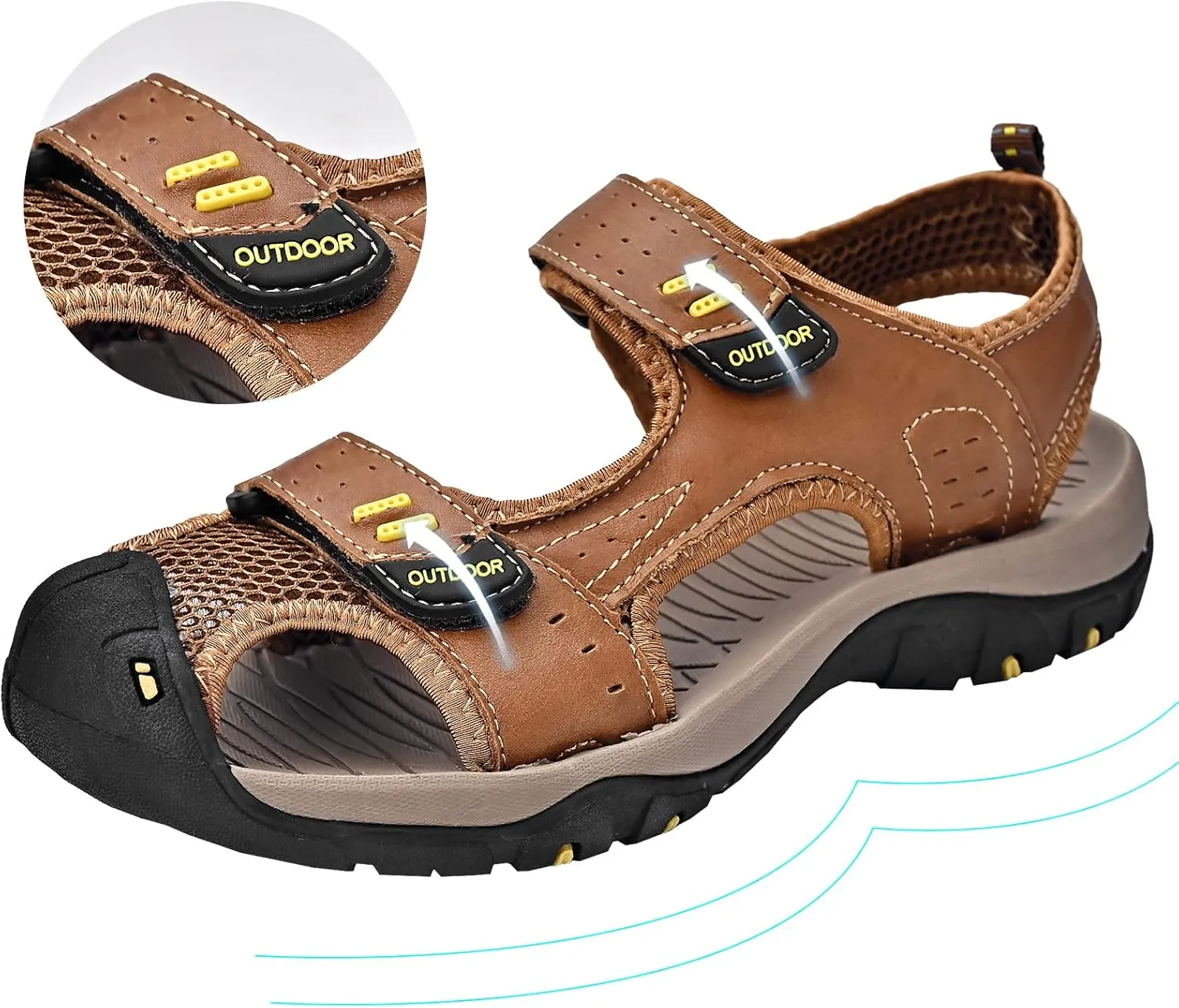Sandals for Men Leather Hiking Sandals Athletic Walking Sports Fisherman Beach Shoes Closed Toe Water Sandals